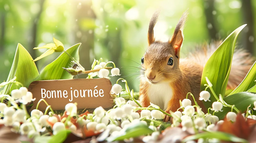Gros plan sur un écureuil roux curieux dans une forêt verdoyante, entouré de muguet en fleurs avec un panneau 'Bonne journée'.