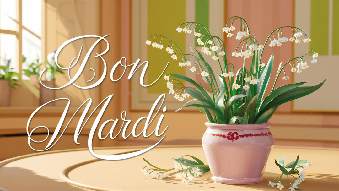 Une illustration élégante montrant un pot de fleurs blanches aux clochettes tombantes, avec le texte 'Bon Mardi' calligraphié sur un fond lumineux.
