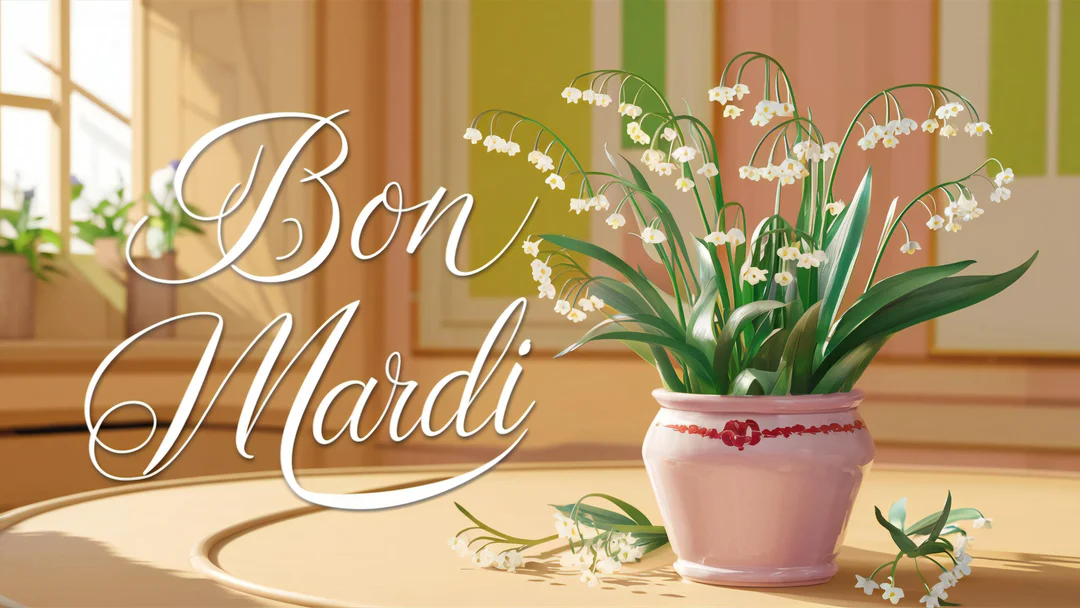 Une illustration élégante montrant un pot de fleurs blanches aux clochettes tombantes, avec le texte 'Bon Mardi' calligraphié sur un fond lumineux.