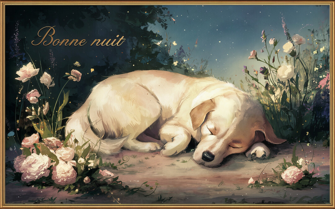 Une peinture numérique d'un chien de couleur crème, endormi et blotti sur le sol d'un jardin magique, entouré de fleurs sous un ciel étoilé.