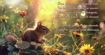 Aperçu de la carte : « Dans la douceur d'un matin doré, un écureuil danse... Puisse ta journée être charmante... »
