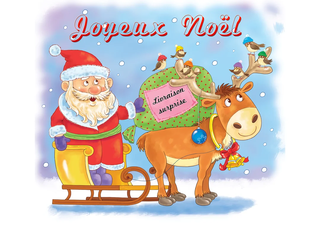 Une illustration enfantine du Père Noël sur son traîneau à côté d'un renne joyeux portant un sac de cadeaux et des oiseaux.