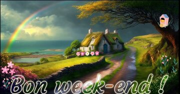 Carte de bon week-end illustrant un cottage avec un toit de chaume au bord de la mer, sous un arc-en-ciel.