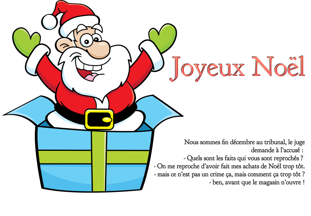 Un Père Noël de dessin animé sort joyeusement d'une boîte cadeau bleue, avec le texte 'Joyeux Noël' et une blague écrite à côté.