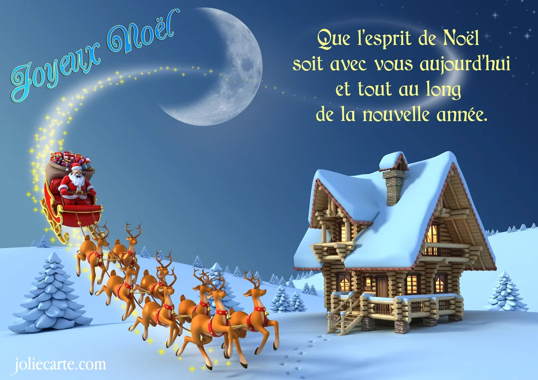 Scène nocturne de Noël où le Père Noël et son attelage de rennes survolent un chalet en bois sous un grand croissant de lune.