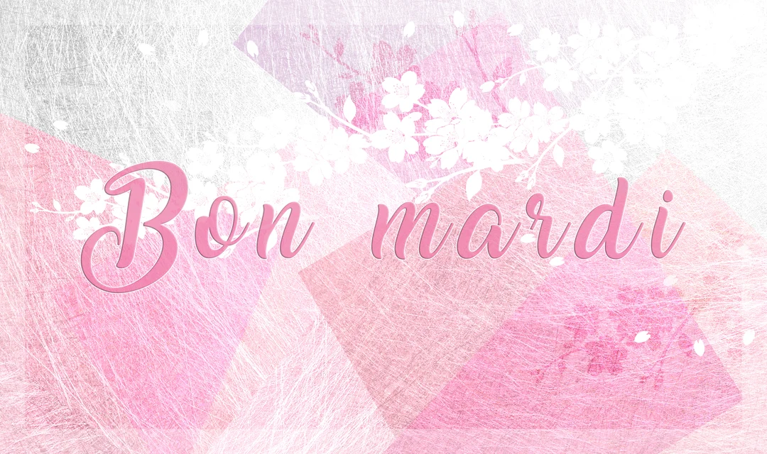 Une carte de vœux pour un bon mardi, avec une typographie rose sur un fond géométrique texturé rose et argenté et des motifs floraux.
