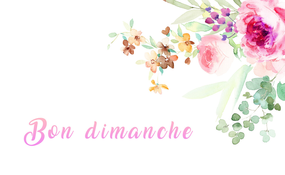 Une composition de fleurs à l'aquarelle, incluant pivoines roses et feuillage vert, orne le coin d'une carte où est écrit 'Bon dimanche' en rose.