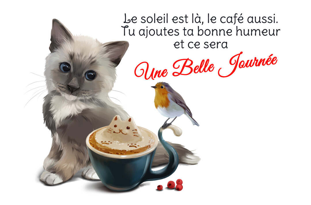 Un adorable chaton siamois est assis à côté d'une tasse de café sur laquelle un petit oiseau est délicatement perché, le tout sur un fond blanc.