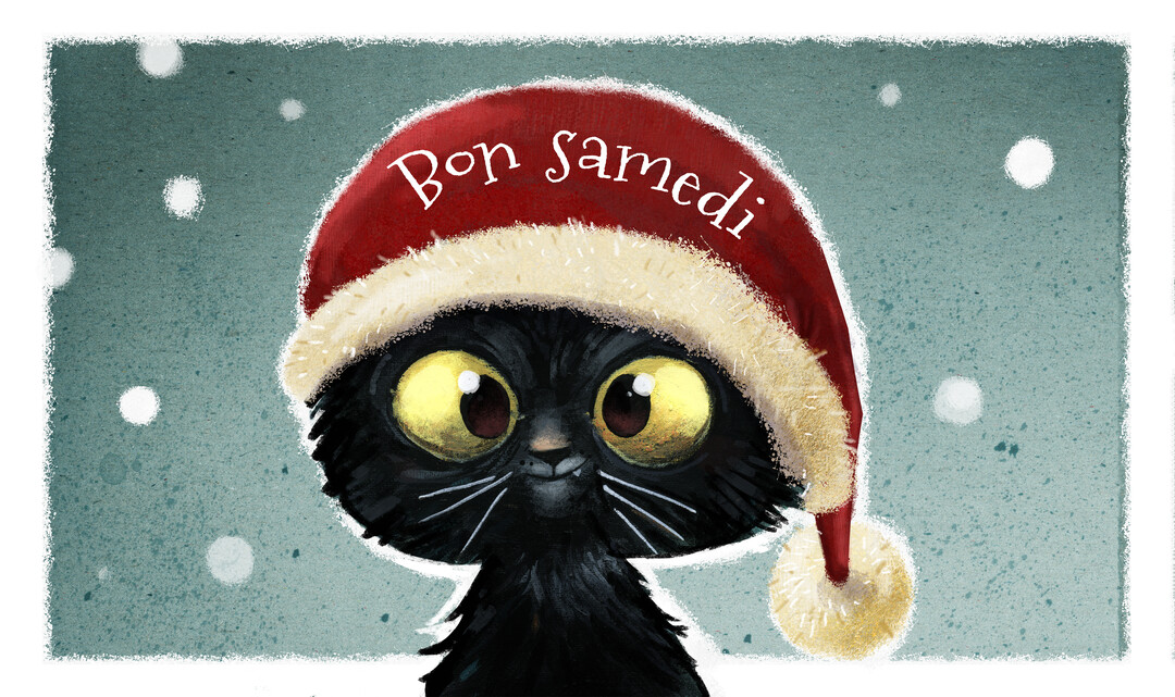 Un chaton noir aux grands yeux expressifs porte un bonnet de Noël rouge sur un fond bleu-vert où tombent des flocons de neige.