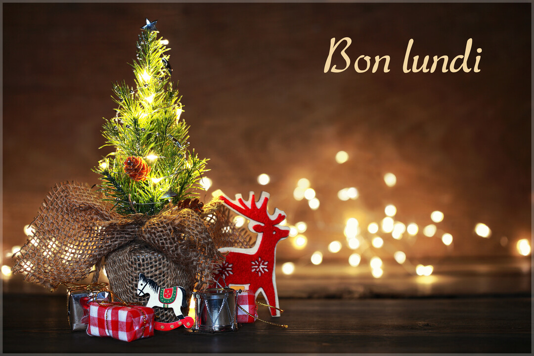 Une mise en scène festive avec un mini sapin de Noël, des cadeaux et un renne en bois devant un arrière-plan lumineux.
