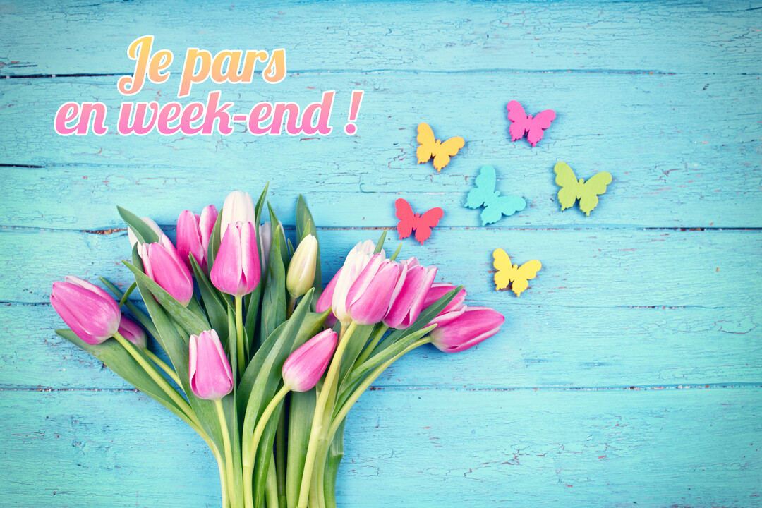 Un bouquet de tulipes roses et blanches est posé sur une surface en bois bleu, accompagné du texte 'Je pars en week-end !' et de décorations en forme de papillons.