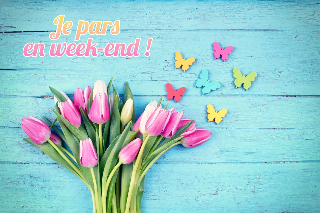 Un bouquet de tulipes roses et blanches est posé sur une surface en bois bleu, accompagné du texte 'Je pars en week-end !' et de décorations en forme de papillons.
