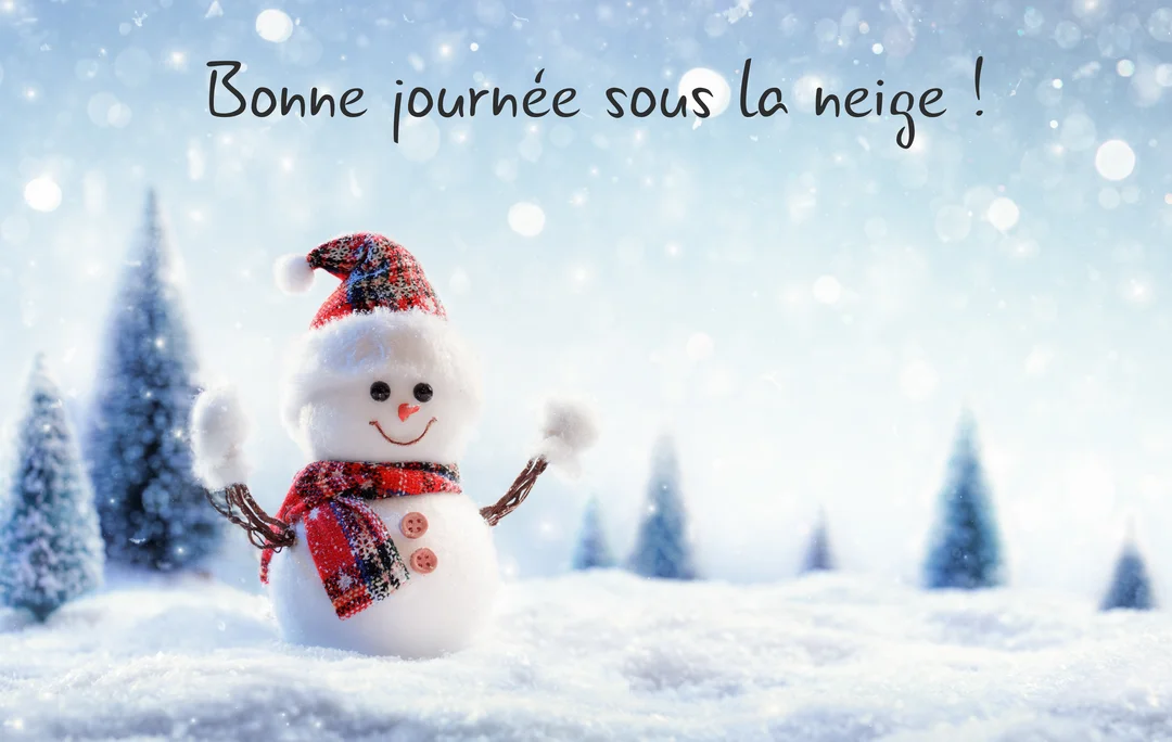 Un bonhomme de neige souriant avec un bonnet et une écharpe en tartan se tient dans un paysage hivernal enneigé et flou.