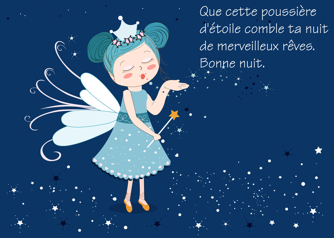 Sur un fond bleu nuit étoilé, une fée-princesse souffle de la poussière d'étoile de sa main tout en tenant une baguette magique.