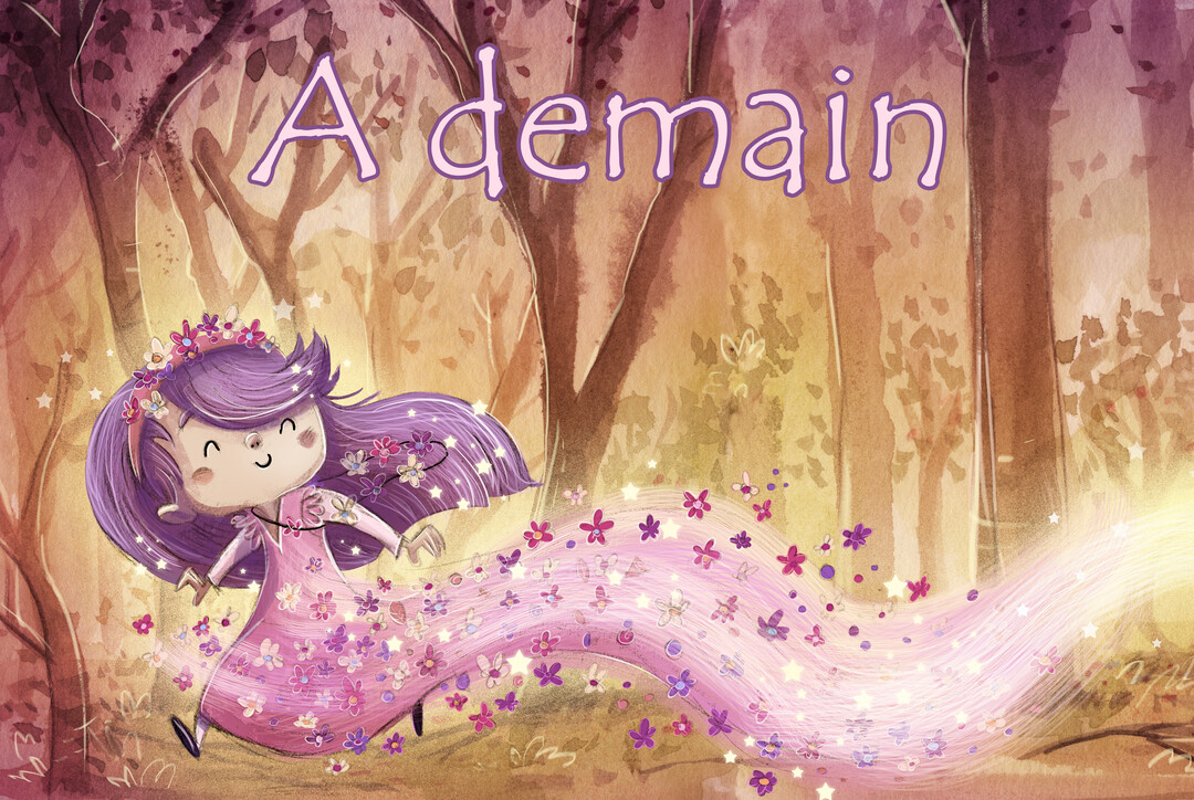 Une illustration d'une petite fée souriante avec de longs cheveux violets, courant dans une forêt au crépuscule et laissant une traînée magique.