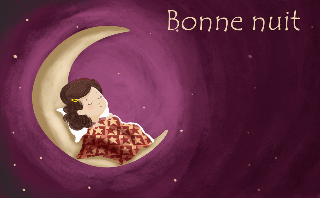 Une jeune fille aux cheveux bruns dort paisiblement sur un croissant de lune, blottie sous une couverture à étoiles sur un fond violet.