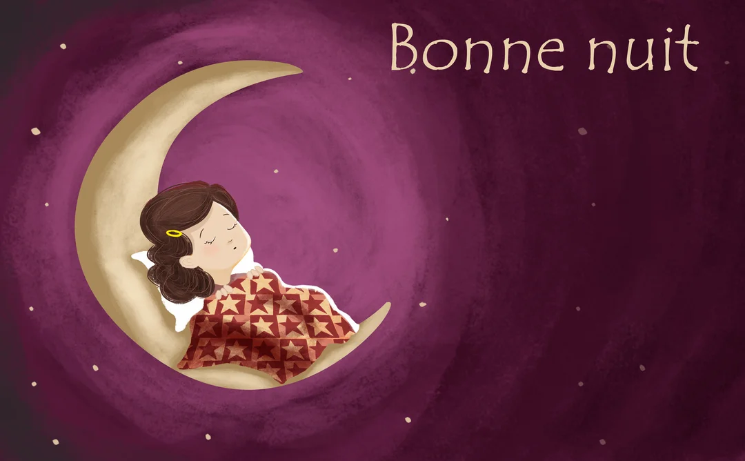 Une jeune fille aux cheveux bruns dort paisiblement sur un croissant de lune, blottie sous une couverture à étoiles sur un fond violet.