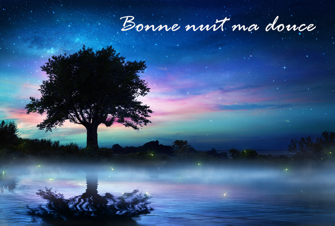 Paysage nocturne onirique avec un arbre en silhouette près d'un lac brumeux, sous un ciel galactique aux teintes bleues et roses.