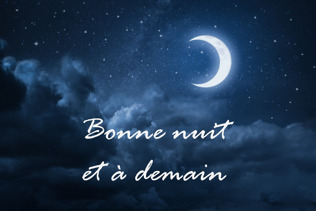 Un ciel nocturne bleu profond rempli d'étoiles scintillantes et d'un croissant de lune brillant, avec l'inscription 'Bonne nuit et à demain'.