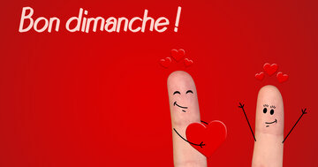 Deux doigts personnifiés en couple amoureux. L'un offre un cœur à l'autre sur un fond rouge vif, avec le texte 'Bon dimanche !' écrit en blanc.