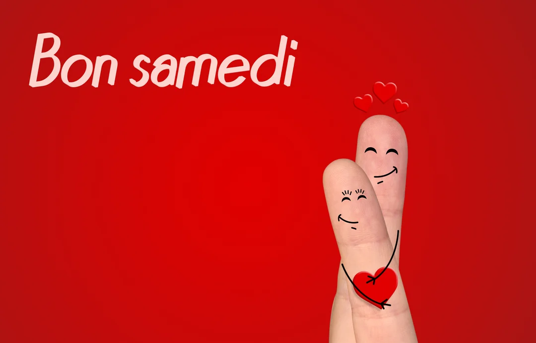 Deux doigts humanisés avec des visages souriants s'enlacent amoureusement, tenant un cœur rouge sur un fond uni de la même couleur vive.