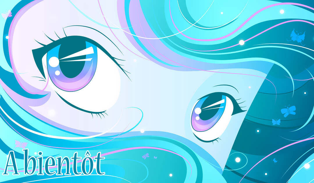 Gros plan de style manga sur des yeux expressifs, entourés de cheveux bleus et violets flottants avec des papillons et des points lumineux.