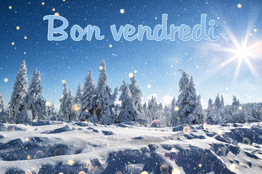 Un paysage hivernal avec des sapins couverts de neige, sous un ciel bleu ensoleillé où il neige des étoiles et des paillettes dorées.