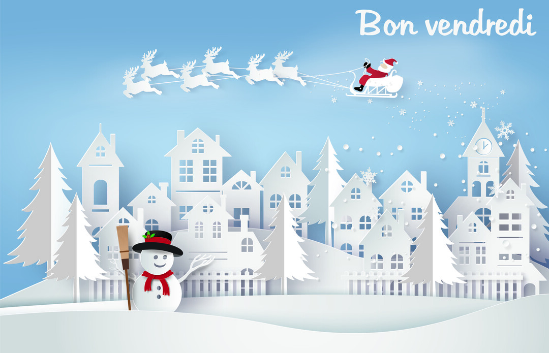 Une scène hivernale en papier découpé montre le Père Noël volant au-dessus d'un village enneigé où se trouve un bonhomme de neige souriant.