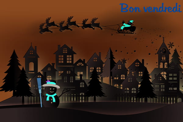 Carte 'Bon Vendredi' illustrant un village enneigé de style papier découpé, avec le Père Noël dans son traîneau volant dans le ciel.