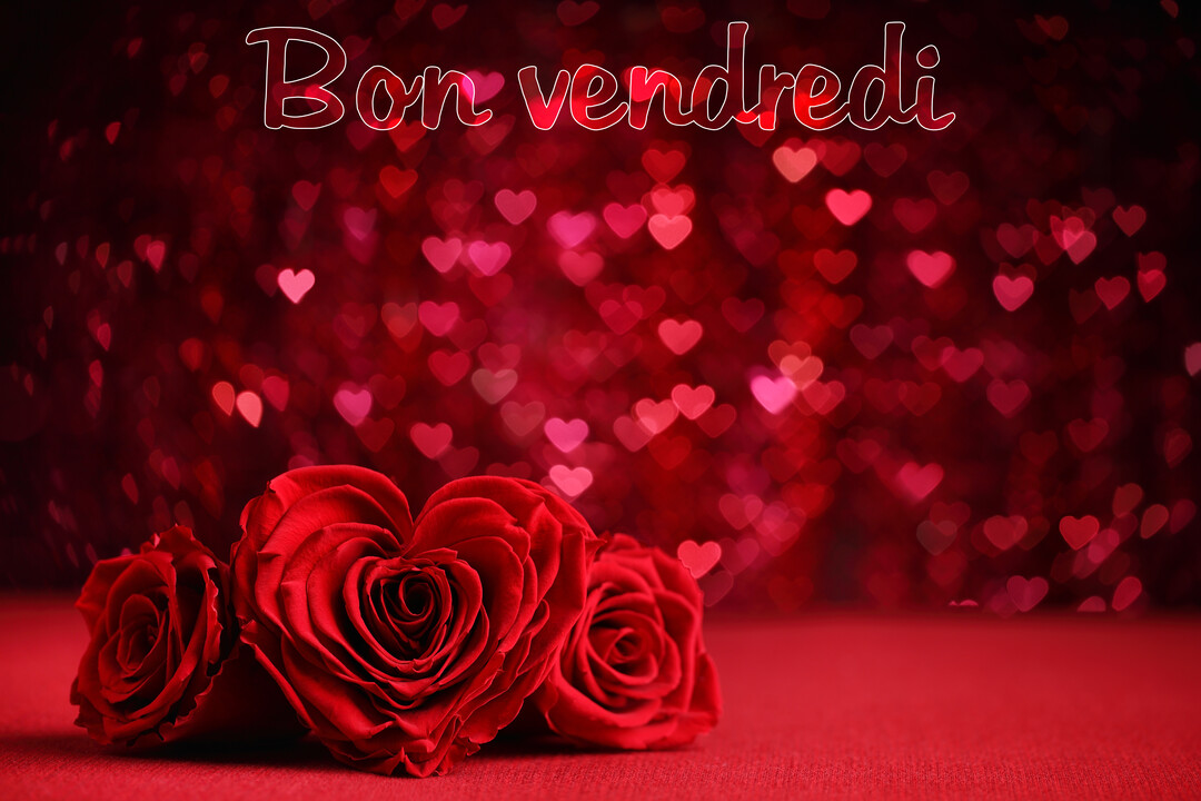 Trois roses rouges sont posées sur une surface rouge, avec une rose centrale en forme de cœur, devant un fond bokeh rouge de cœurs.