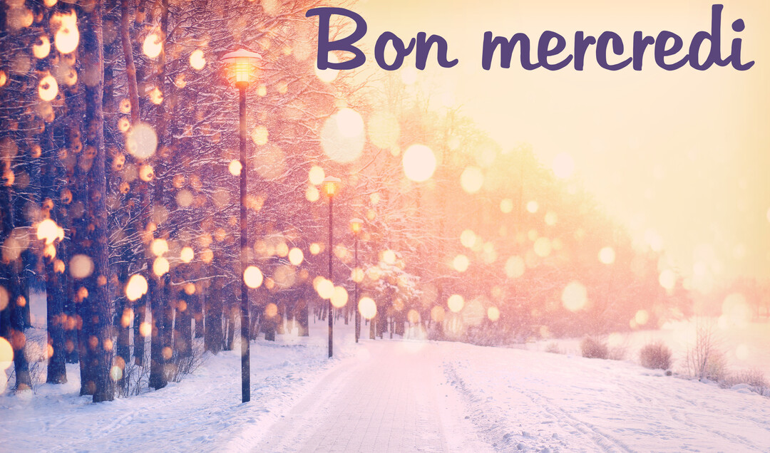 Un paysage hivernal montre un chemin enneigé bordé d'arbres et de lampadaires, baigné dans une lumière dorée avec un effet bokeh féerique.