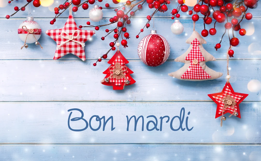 Des décorations de Noël traditionnelles en tissu et bois sont suspendues à des branches de houx devant un fond en lattes de bois bleu clair.