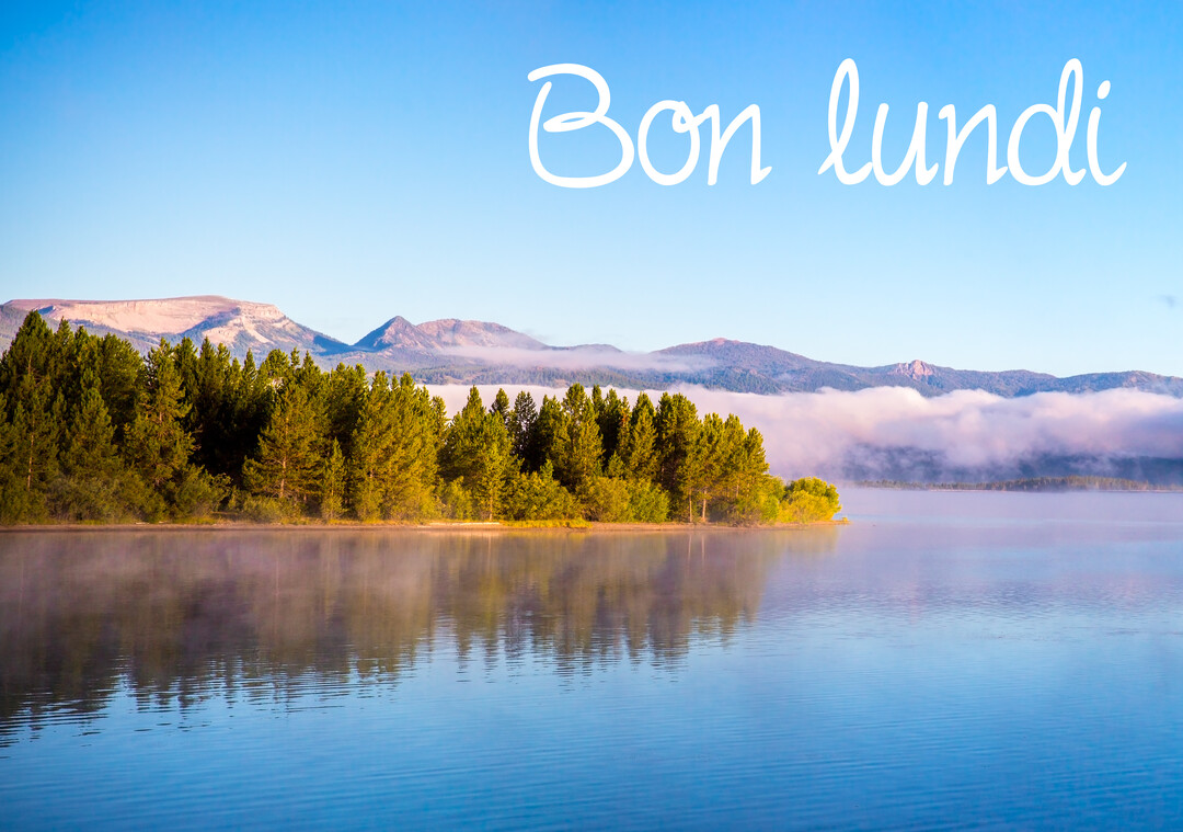 Un paysage matinal serein montre un lac calme reflétant une forêt de conifères et des montagnes lointaines sous un ciel bleu dégagé.