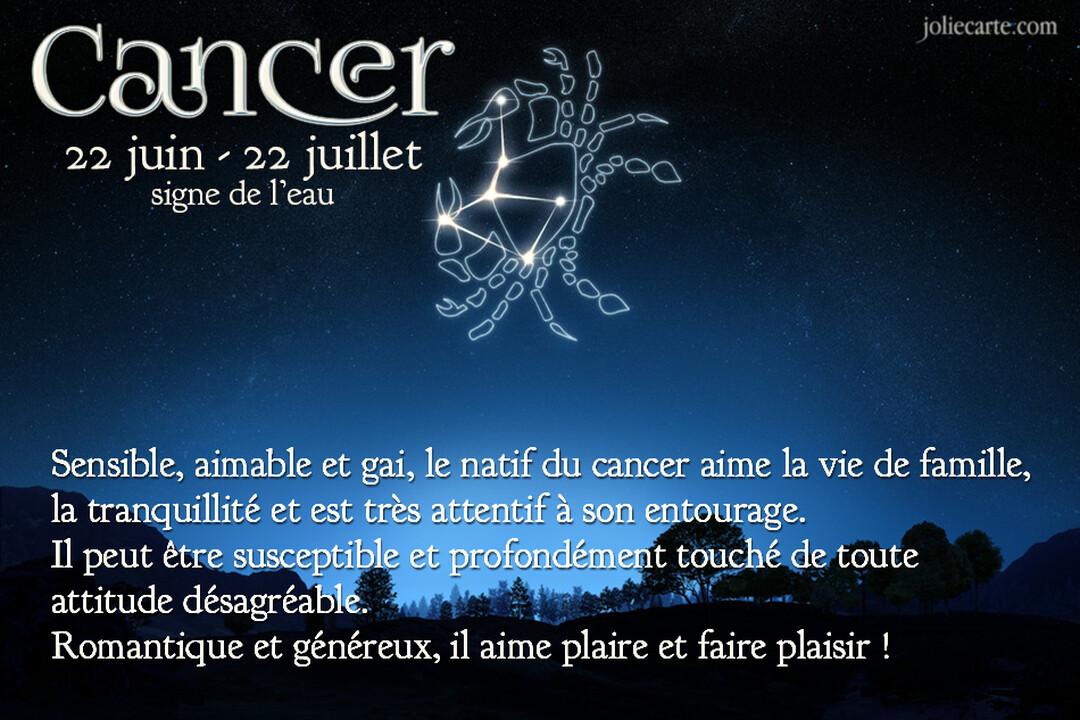 Une carte astrologique du signe Cancer montrant sa constellation sur un ciel nocturne étoilé, avec un texte décrivant sa personnalité sensible et généreuse.