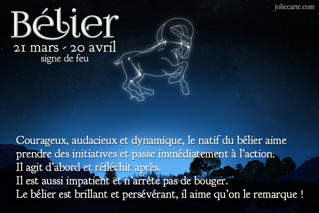 Une carte illustrant la constellation du Bélier dans un ciel de nuit, avec un texte descriptif du signe astrologique au premier plan.