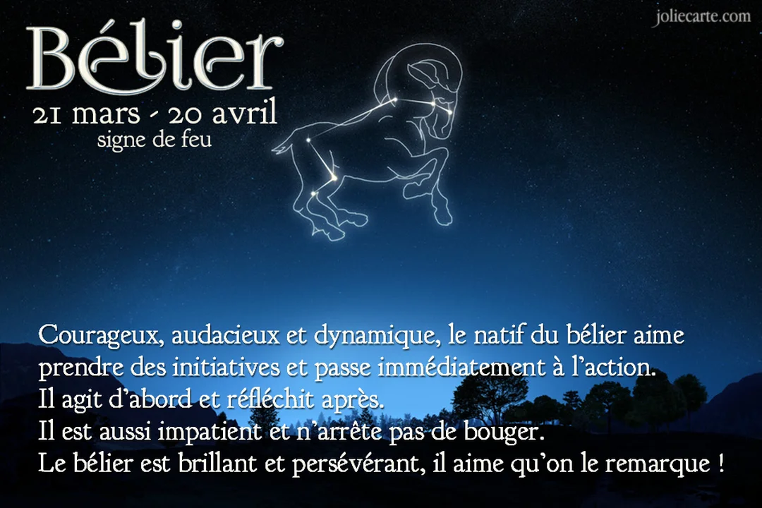 Une carte illustrant la constellation du Bélier dans un ciel de nuit, avec un texte descriptif du signe astrologique au premier plan.