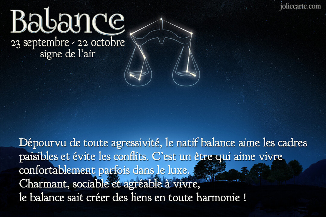 Une carte astrologique illustrant la constellation de la Balance dans un ciel nocturne, avec un texte décrivant les traits du signe.