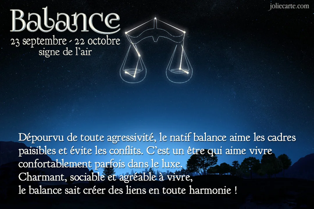 Une carte astrologique illustrant la constellation de la Balance dans un ciel nocturne, avec un texte décrivant les traits du signe.