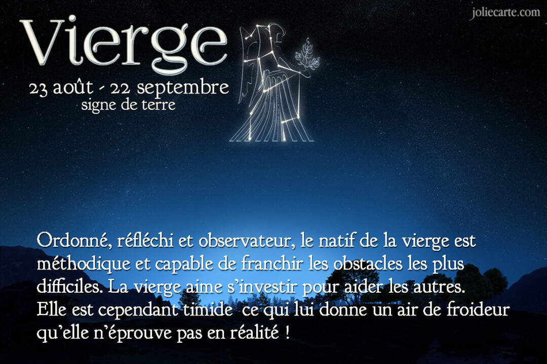 Une carte illustrant le signe zodiacal de la Vierge, avec sa constellation et une description de sa personnalité sur un fond de ciel nocturne.