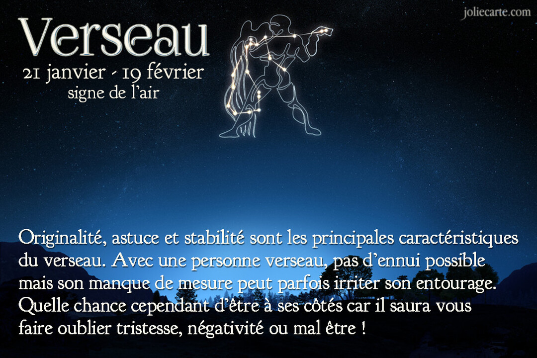 Une carte nocturne représentant la constellation du Verseau, signe d'air, avec une description de ses traits de caractère sur fond de ciel étoilé.