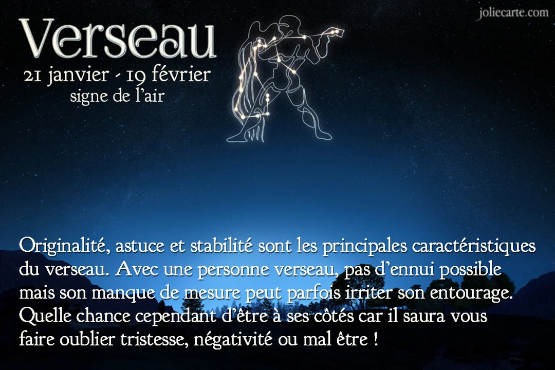 Une carte nocturne représentant la constellation du Verseau, signe d'air, avec une description de ses traits de caractère sur fond de ciel étoilé.