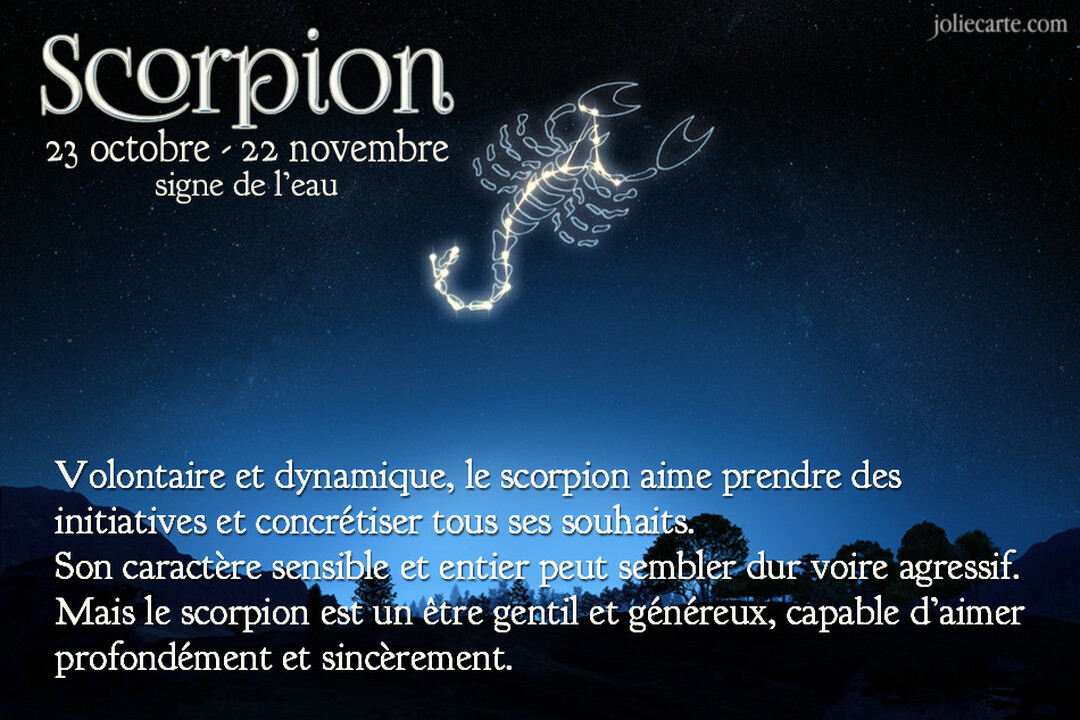 Une carte du signe astrologique Scorpion, montrant la constellation lumineuse sur un ciel nocturne étoilé avec un texte décrivant sa personnalité.