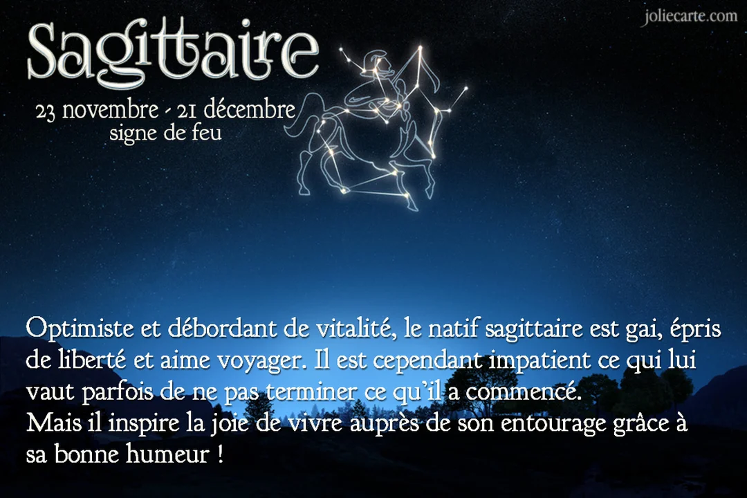Sur un fond de ciel nocturne étoilé, la constellation du Sagittaire, un centaure archer, brille au-dessus d'un texte décrivant ce signe zodiacal.