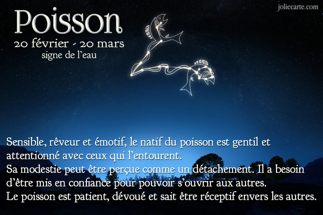 Cette carte astrologique montre la constellation du Poisson sur un ciel nocturne étoilé, avec un texte descriptif du signe en bas.