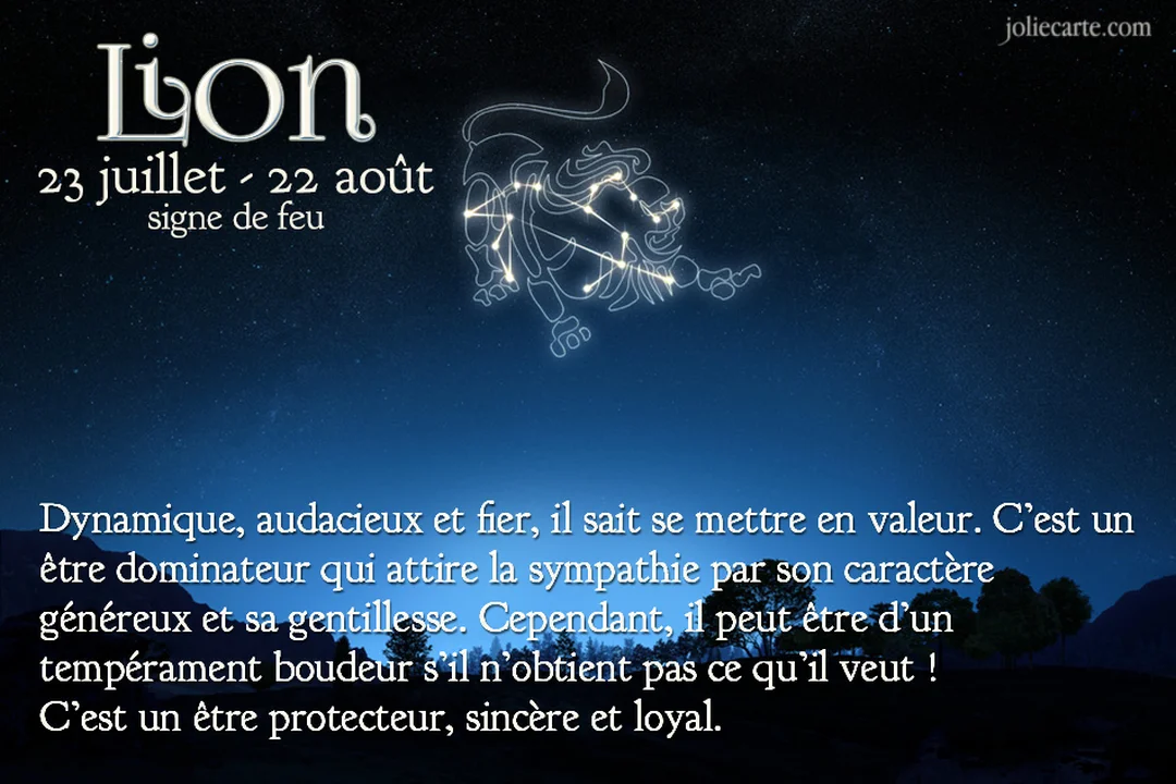 Sur un fond de ciel nocturne étoilé, la constellation du Lion brille au-dessus d'un texte décrivant les traits de ce signe.