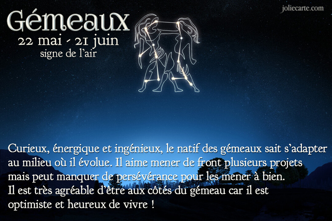 Sur un ciel étoilé nocturne, la constellation et le symbole des Gémeaux brillent au-dessus d'un texte décrivant les traits du signe.