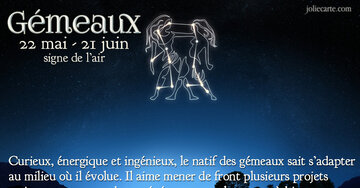 Aperçu de la carte : « Curieux, énergique et ingénieux, le natif des gémeaux sait s'adapter... »