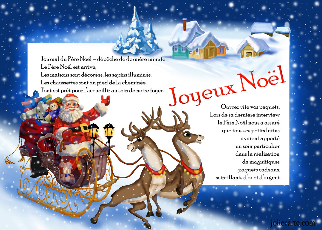 Le Père Noël agite la main depuis son traîneau doré tiré par deux rennes, sur un fond de village enneigé la nuit.