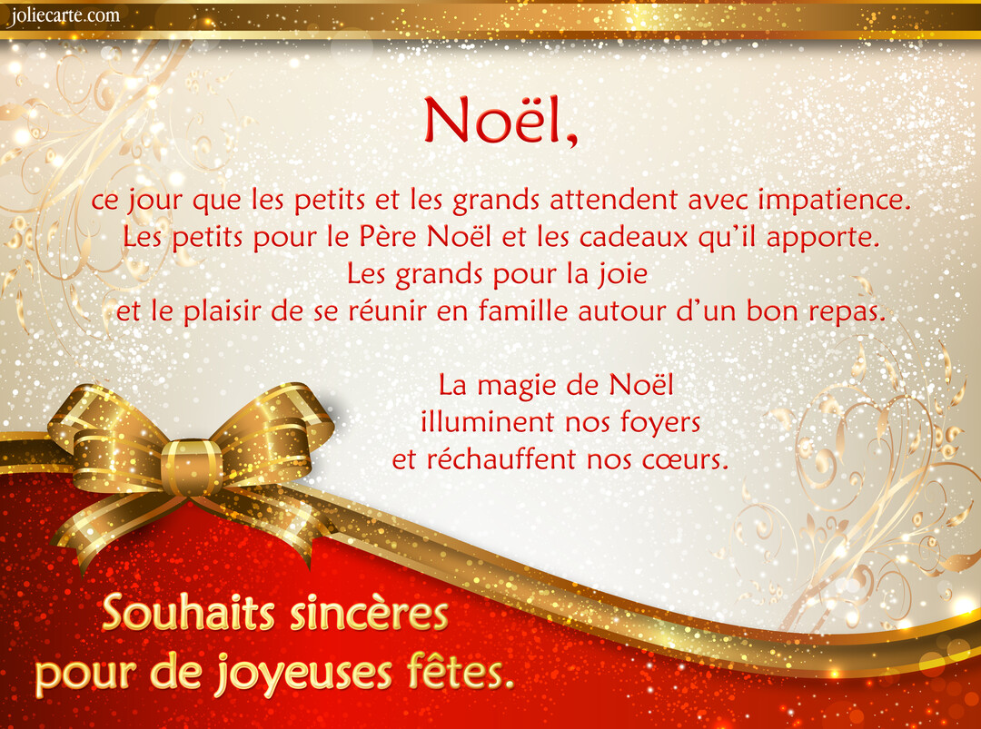 Carte de vœux de Noël avec un texte chaleureux sur un fond scintillant, ornée d'un ruban et d'un nœud dorés sur une base rouge.