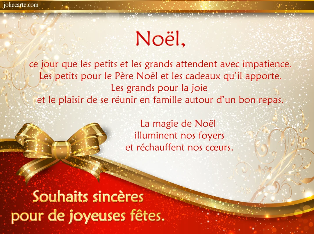 Carte de vœux de Noël avec un texte chaleureux sur un fond scintillant, ornée d'un ruban et d'un nœud dorés sur une base rouge.